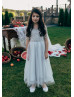 Beaded Grey Blue Tulle Ankle Length Flower Girl Dress